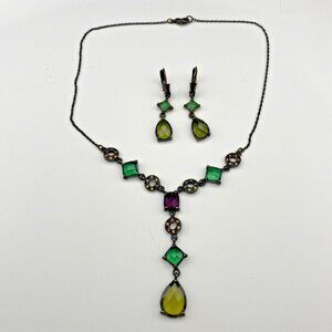Avon NR 15" Necklace 1.75" Earrings Bronze Purple, Green, Yellow Teardrop Y
